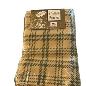 Designer Collection 2 Standard Pillowcases Percale Cotton Tan/Green Plaid USA